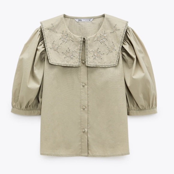 NWT Zara Embroidered Collar Shirt in Sea Green - Picture 4 of 9